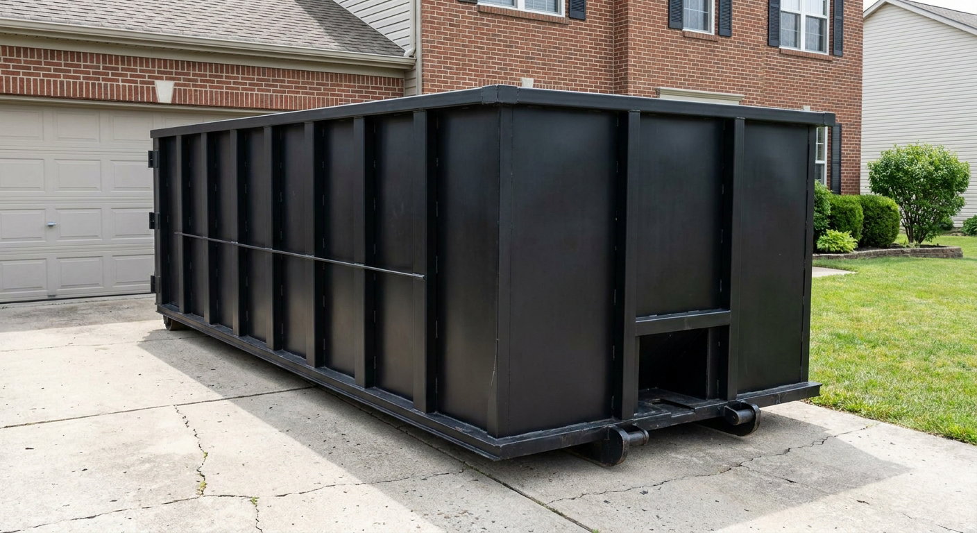 Matte-black 20-yard roll-off container on a Palm Coast residential concrete driveway with reinforced ribbed steel sidewalls and a hinged rear walk-in door, clean bright daylight.