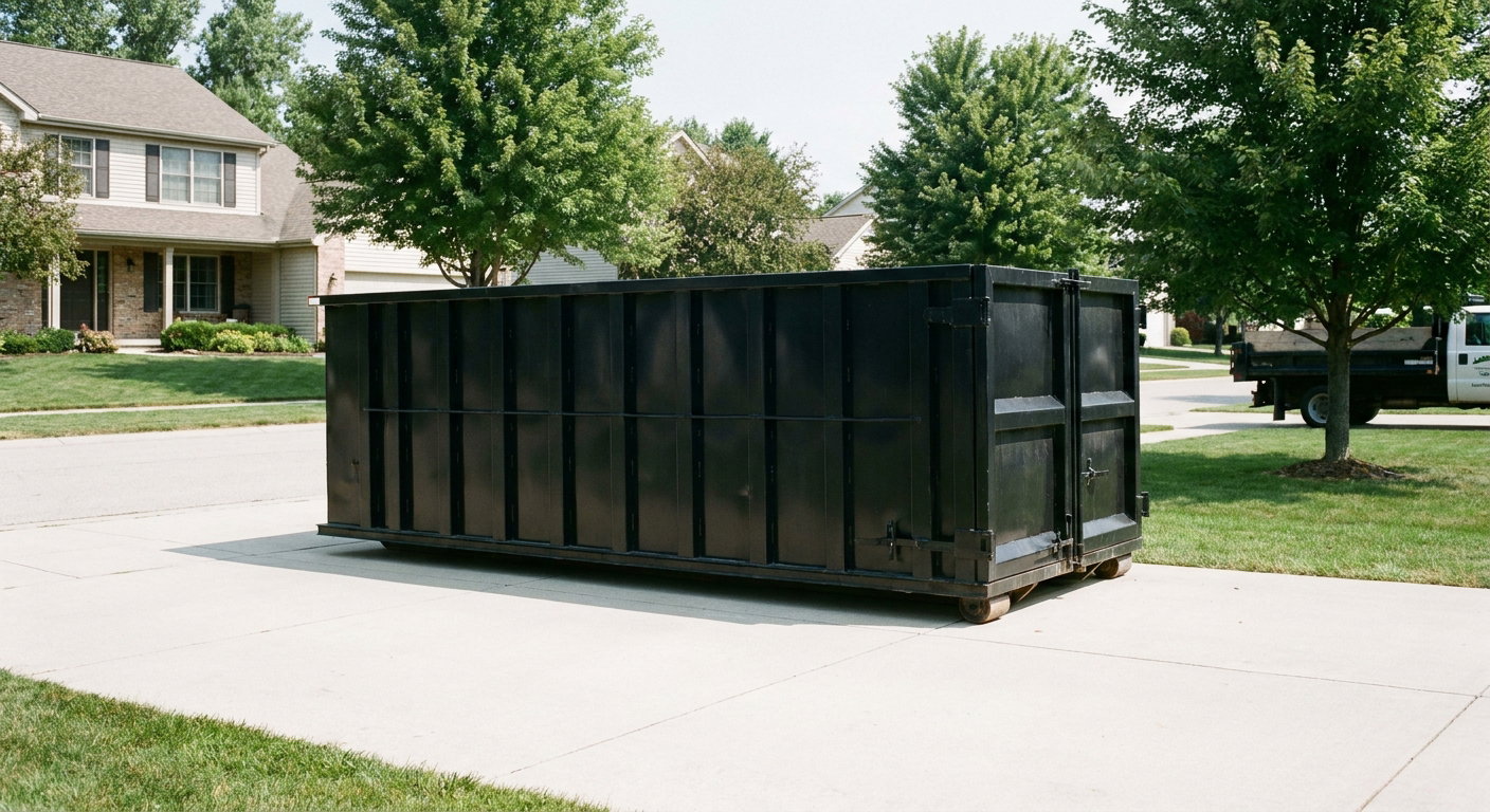 Matte-black 20-yard roll-off dumpster sitting level on a clean Palm Coast residential concrete driveway under bright daylight, demonstrating clean placement directly on the concrete.