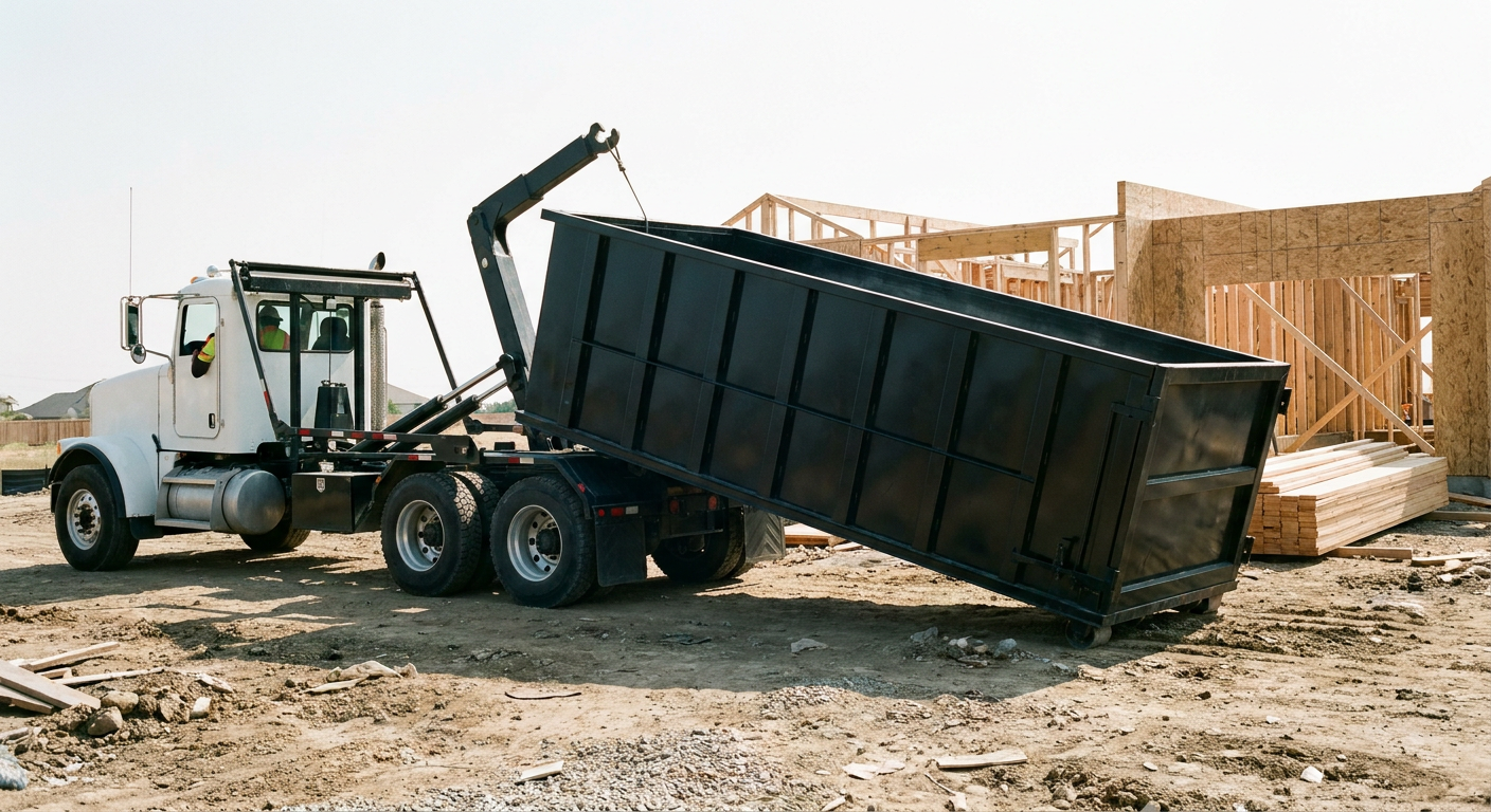 Matte-black roll-off dumpster being delivered onto a clean residential concrete driveway in Palm Coast by an unmarked white hooklift hauler truck, bright morning daylight, documentary 35mm perspective.